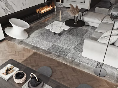 Modern Living and Dining Area with Sofa Coffee Table Fireplace Decorative Rug and Dining Set 3d model