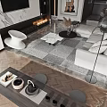 Modern Living and Dining Area with Sofa Coffee Table Fireplace Decorative Rug and Dining Set