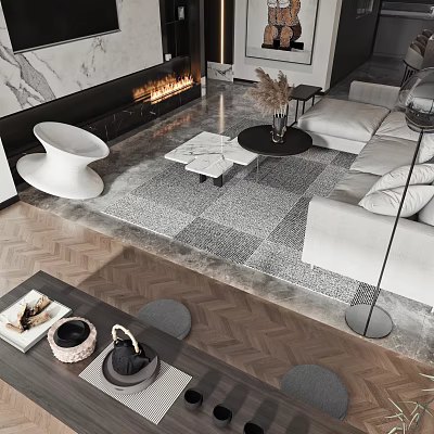 Modern Living and Dining Area with Sofa Coffee Table Fireplace Decorative Rug and Dining Set 3d model