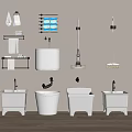 Bathroom Accessories Collection Featuring White Toilets Sinks Towel Racks And Mops