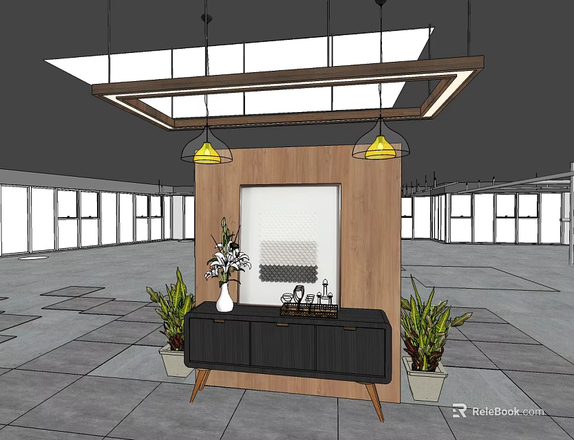 Casual Lounge Area Design With Hanging Lights Wooden Decor Black Cabinet And Green Plants 3d model 