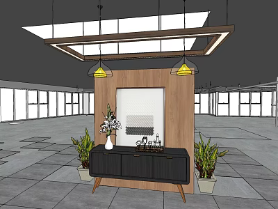 Casual Lounge Area Design With Hanging Lights Wooden Decor Black Cabinet And Green Plants 3d model