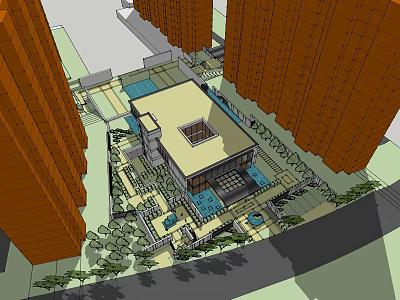 Urban Modern Post Station with High Rise Buildings Landscaped Greenery and Water Features 3d model