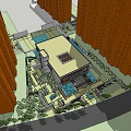 Urban Modern Post Station with High Rise Buildings Landscaped Greenery and Water Features