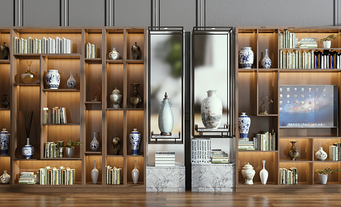 New Chinese-style bookcase side cabinet decoration combination 3d model