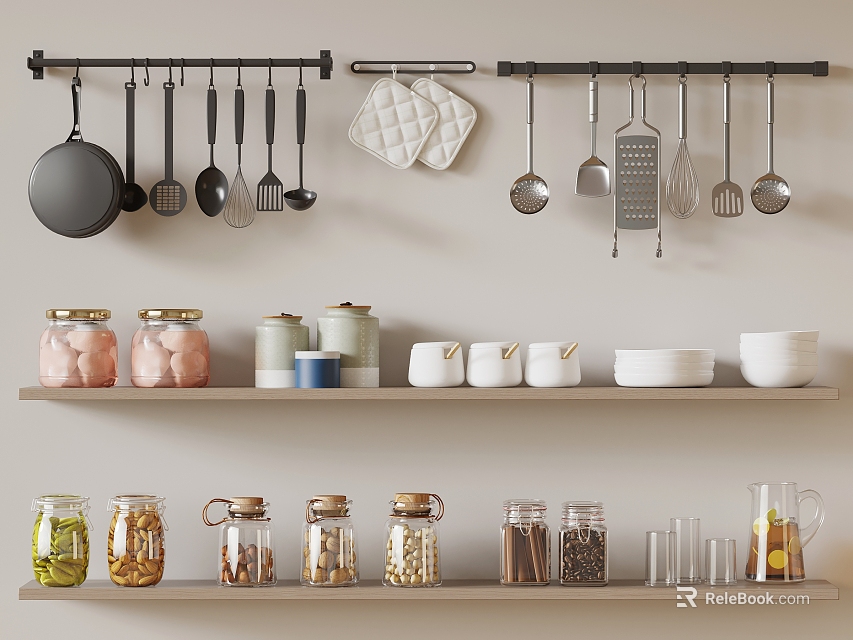 Modern Kitchen Dinnerware Set With Hanging Utensils Shelves Storage Jars Bowls And Cups 3d model 