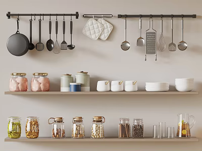 Modern Kitchen Dinnerware Set With Hanging Utensils Shelves Storage Jars Bowls And Cups 3d model