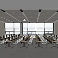 Modern Conference Room Interior Design With Long Tables Chairs Computers Blue Screen And Windows