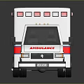 White Ambulance Vehicle With Red Blue Stripes Side Lettering And Roof Emergency Lights