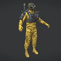Game Movie Character In Yellow Protective Suit With Gas Mask And Harness Equipment