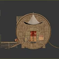 Traditional Wooden House With Thatched Roof Red Windows And Wooden Steps