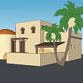 Traditional Middle Eastern Detached Villa Featuring Arched Windows Staircase Palm Trees and Camel
