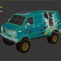 Turquoise Van With Floral Design Large Off Road Tires And Roof Rack