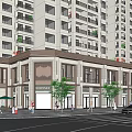 Modern Commercial Street With Tall Buildings Storefronts Pedestrians Trees And Cars