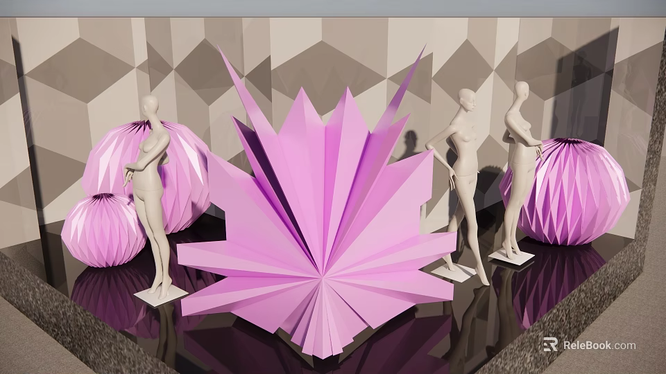 Purple Origami Themed Window Display With White Mannequins And Geometric Backdrop 3d model 