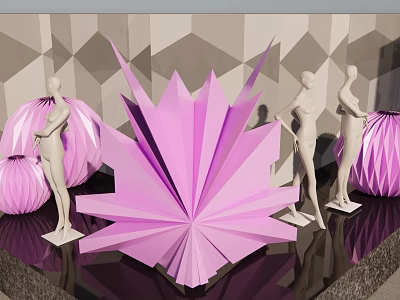 Purple Origami Themed Window Display With White Mannequins And Geometric Backdrop 3d model