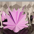 Purple Origami Themed Window Display With White Mannequins And Geometric Backdrop