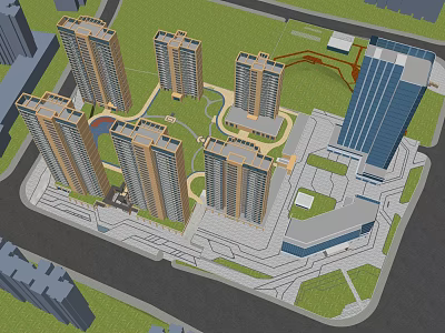 Modern Residential Complex with High Rise Buildings Central Green Space and Commercial Tower 3d model