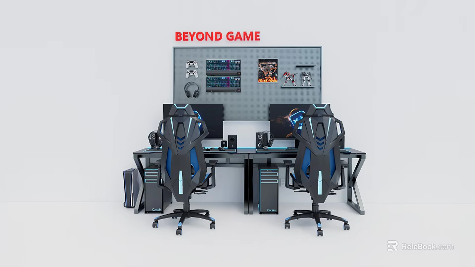 Modern Gaming Desk Workstation With Dual Monitors Ergonomic Chairs Speakers And Beyond Game Sign 3d model 