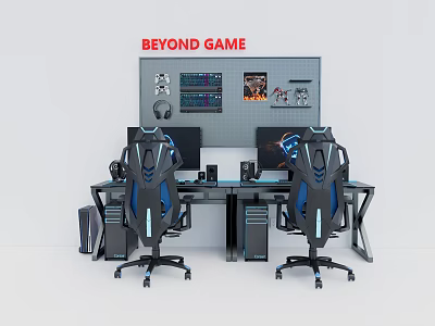 Modern Gaming Desk Workstation With Dual Monitors Ergonomic Chairs Speakers And Beyond Game Sign 3d model