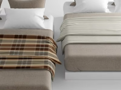 Double Bed With Plaid And Striped Bedspreads And Decorative Pillows In Neutral Tones 3d model