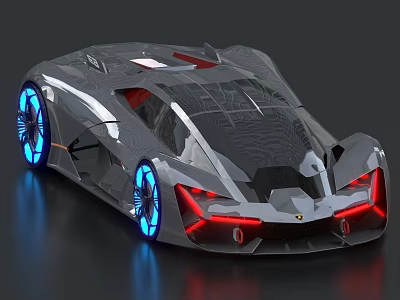 Futuristic Streamlined Silver Sports Car With Blue Lighted Wheels And Red Tail Lights 3d model