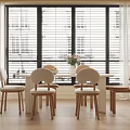 Modern Dining Table With Four Chairs Flower Vase Fruits Bright Window Blinds And Curtains