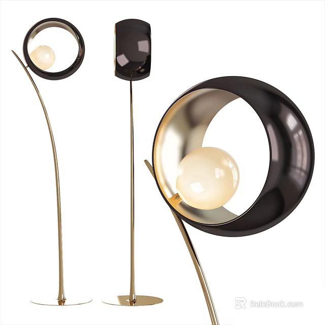 Modern Floor Lamp With Black Circular Shade Golden Curved Stand And Spherical Bulb 3d model 