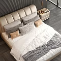 Modern Double Bed Interior With Beige Headboard Pillows Nightstands Table Lamps And Wall Paneling