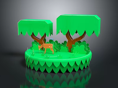 Cartoon Forest Scene Featuring Green Trees A Deer And Grass In Paper Art 3d model