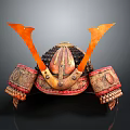 Traditional Samurai Helmet With Ornate Horns And Decorative Armour Details