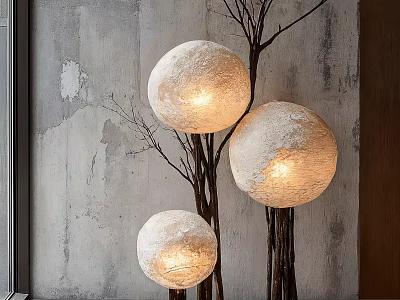 Three Spherical Floor Lamps With Woven Texture Warm Light Against Gray Wall Natural Style 3d model
