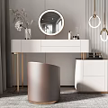 Modern Dressing Table With Round Mirror Wooden Top Metal Frame Vanity Stool And Makeup Items