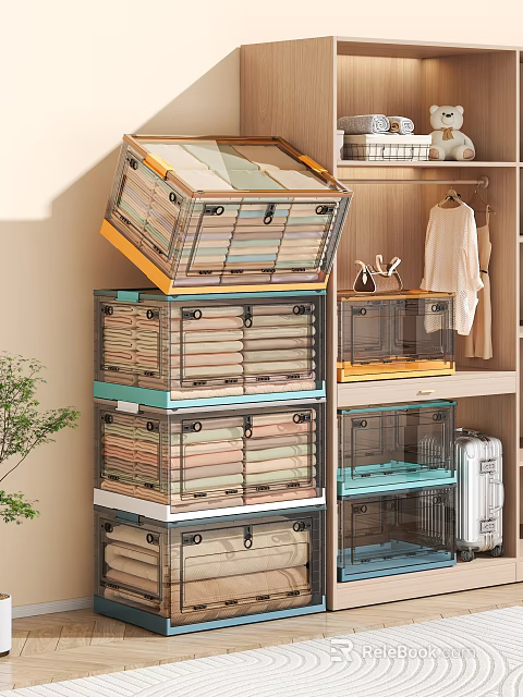 Organized Wardrobe Interior with Transparent Stackable Storage Bins and Hanging Clothes 3d model 