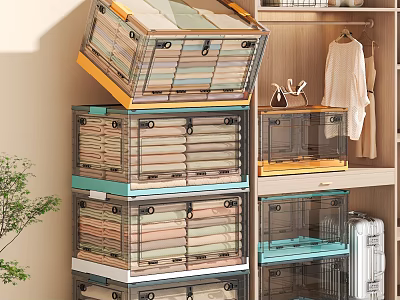 Organized Wardrobe Interior with Transparent Stackable Storage Bins and Hanging Clothes 3d model