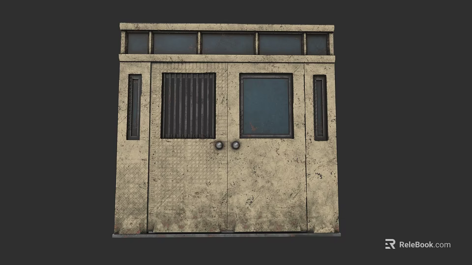 Vintage Weathered Metal Double Doors With Small Windows Grilles And Worn Surface 3d model 