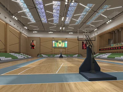 Basketball Gym Interior With Wooden Floor Basketball Hoop Green Seats Scoreboard And Ceiling Lighting 3d model