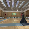 Basketball Gym Interior With Wooden Floor Basketball Hoop Green Seats Scoreboard And Ceiling Lighting