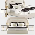 Modern Double Bed with Upholstered Headboard Luxury Pillows and Bedding Nightstands with Lamps