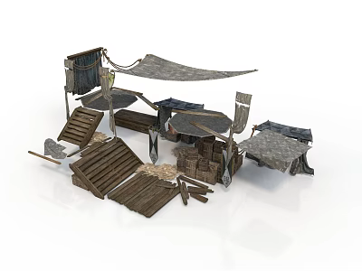 Rustic Outdoor Wooden Structure Setup With Canvas Awning And Tables 3d model