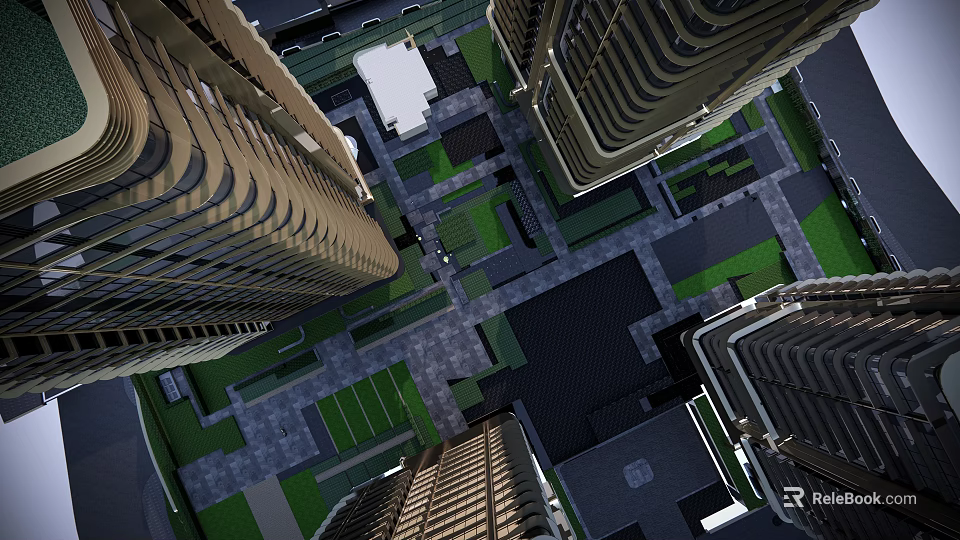 Aerial View of Urban Garden Landscape Surrounded by High Rise Buildings and Green Lawns 3d model 