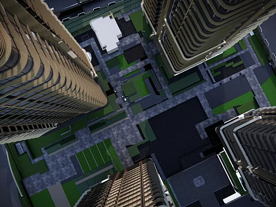 Aerial View of Urban Garden Landscape Surrounded by High Rise Buildings and Green Lawns 3d model