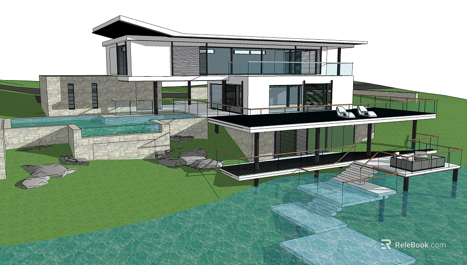 Modern Detached Villa with Large Glass Windows Swimming Pool and Waterfront Lawn 3d model 