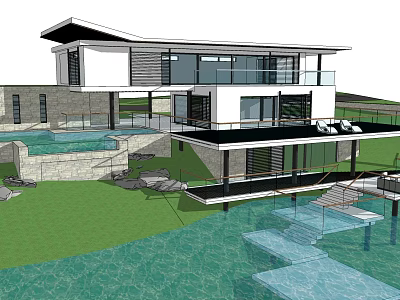 Modern Detached Villa with Large Glass Windows Swimming Pool and Waterfront Lawn 3d model