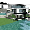 Modern Detached Villa with Large Glass Windows Swimming Pool and Waterfront Lawn