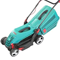 Turquoise Garden Lawn Mower with Black Handle and Wheels Design