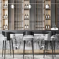 Elegant Modern Bar Counter with Marble Top Shelves and Wine Bottles and Stools