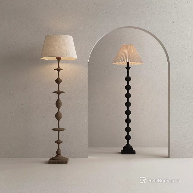 Stylish Modern Floor Lamps With Wooden And Black Stacked Columns Light Shades In Arched Doorway 3d model 