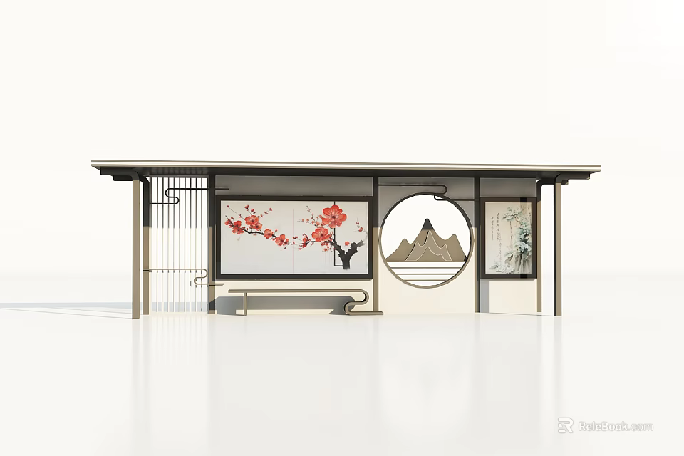 Traditional Chinese Roadside Bus Stop Facility with Plum Blossom Art Bench and Roof Shelter 3d model 