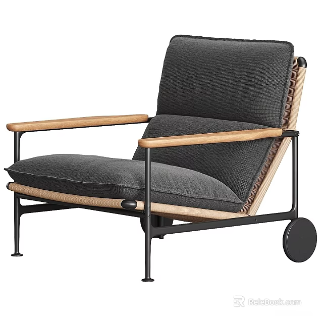 Modern Single Sofa With Gray Upholstery Wooden Armrests And Black Metal Frame 3d model 